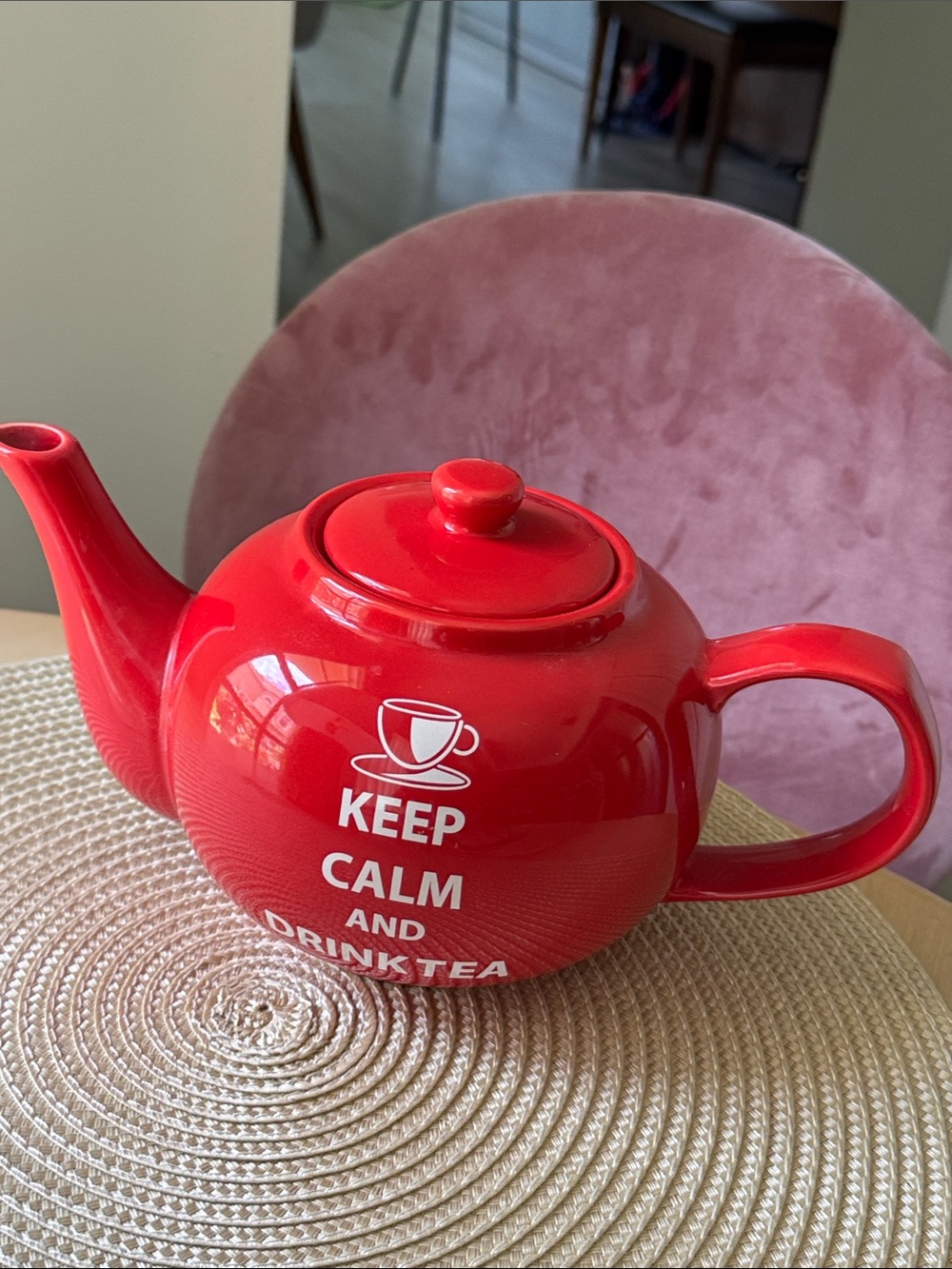 Heavy Ceramic Red Tea Pot -Keep Calm and Drink Tea with lid